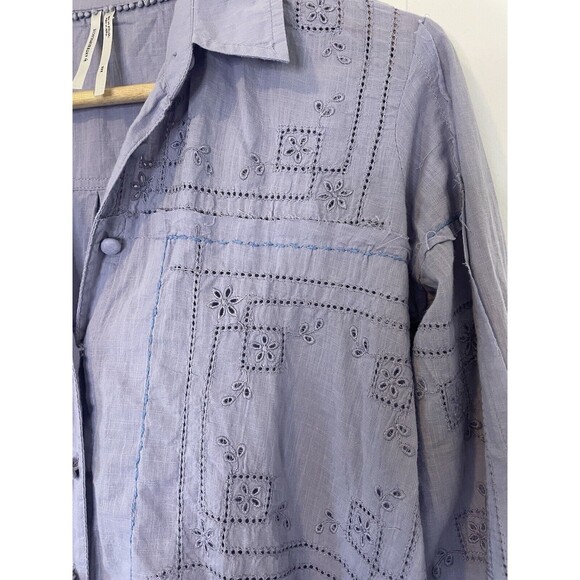 Anthropologie Button Down Embroidered Floral Shirt Top XXS Western Boho Blue - Picture 4 of 14